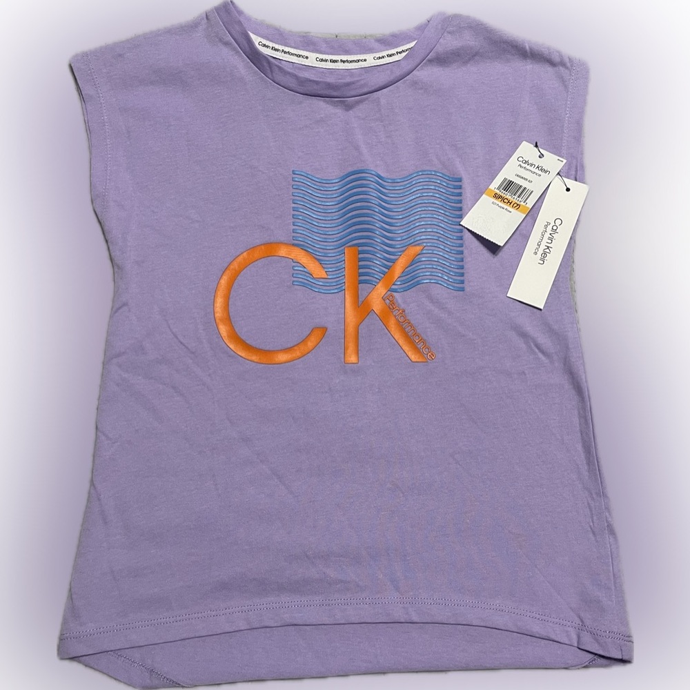Calvin Klein Lavender Tee with Vibrant Orange and Blue Accents